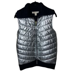 Michael Kors Puffer Foil Front Zip Sweater Vest Silver Black Size Small